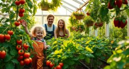 family gardening in greenhouse
