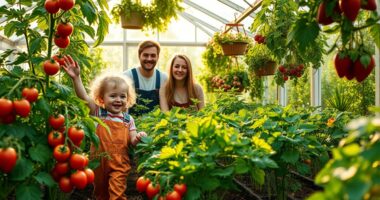 family gardening in greenhouse