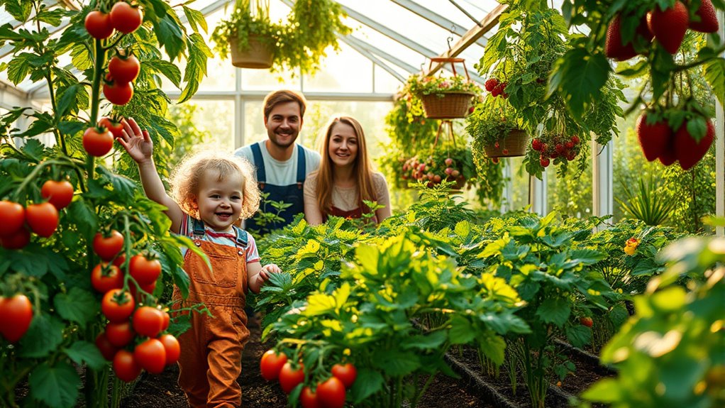 family gardening in greenhouse