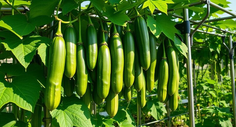 training cucumbers on trellis
