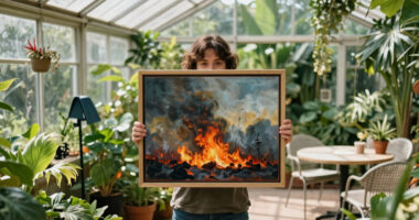 Shawn Huckins Frames Painted Wildfires And Smoke-filled Skies Behind Hyperreal Curtains